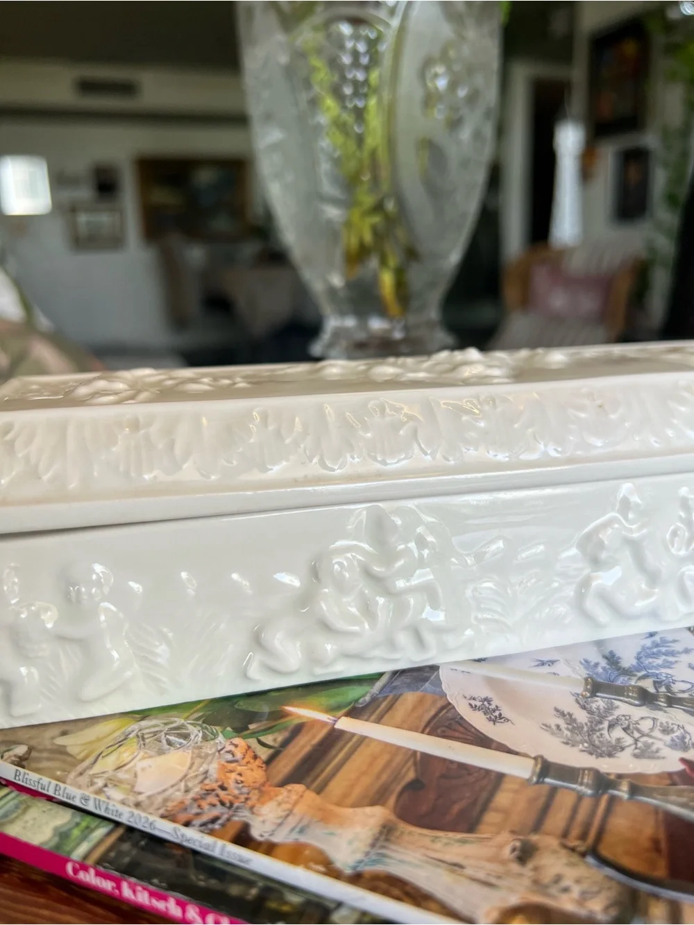 Vintage White Ceramic Cherub Box Relief Scene Jewelry Trinket Box With Lid